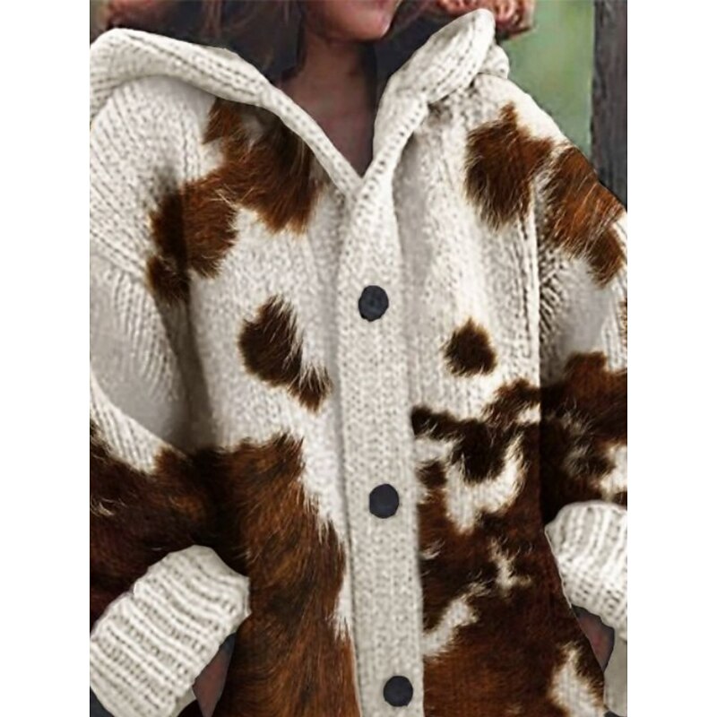 Women's Cardigan Vacation Daily Color Block Ribbed Hooded Knitted Print Front Pocket Long Sleeve Regular Tops Knit Outdoor Daily Holiday Brown Coffee Fall Winter2