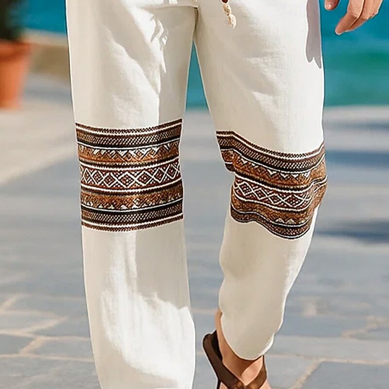 Men's Linen Pants Trousers Summer Pants Baggy Pants Boho Pants Drawstring Elastic Waist Print Plain Ethnic Comfort Breathable Full Length Outdoor Casual Daily Fashion Classic Style White Inelastic2