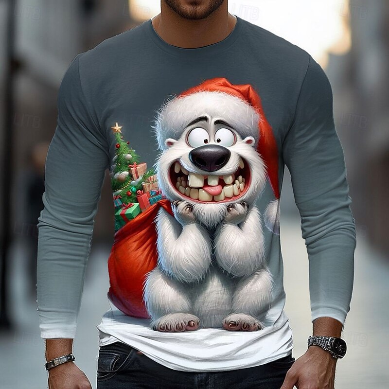 Christmas Men's Animal Funny T Shirt Long Sleeve T shirt 3D Print Crew Neck Shirt Fashion Basic Street Casual Daily White Blue Dark Gray Summer Spring Clothing Apparel S M L XL XXL XXXL3
