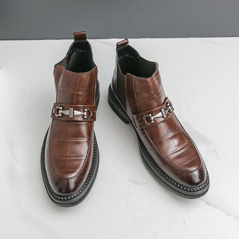 Men's Brown Chelsea Boots with Metal Buckle, Faux Leather Slip-On Ankle Dress Boots for Business, Office and Formal Wear3
