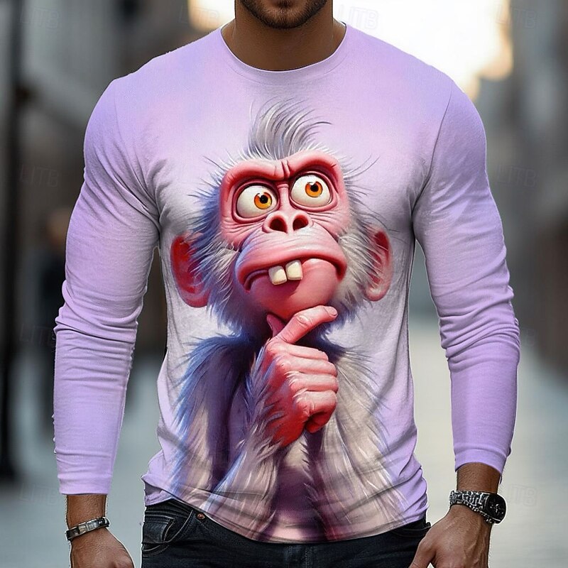 Men's 3D Monkey T Shirt Long Sleeve T shirt 3D Print Crew Neck Shirt Fashion Basic Street Casual Daily Light Purple Purple Summer Spring Clothing Apparel S M L XL XXL XXXL2
