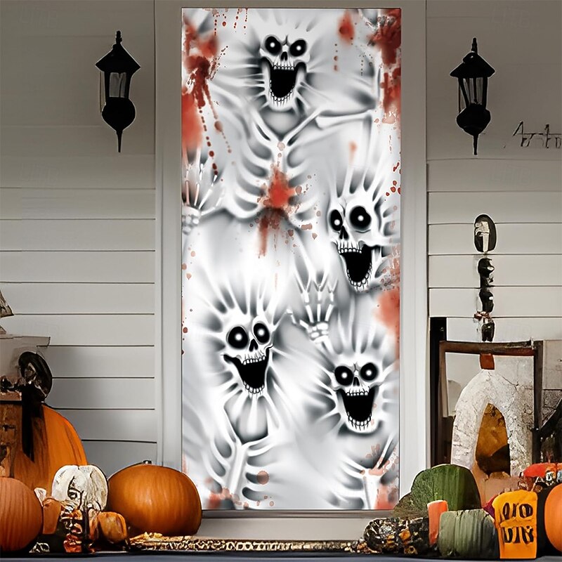 Halloween Door Cover Outdoor Banners Skeleton Ghost 3D Psychedelic Dark Punk Gothic Style Party Outdoor Shooting Backgrounds Front Door Wall Porch Home Decor4