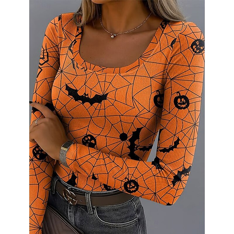 Halloween Women's T Shirt Spider Web Graphic Vintage Stylish Classic Long Sleeve Square Neck Regular Tops Daily Print Yellow Purple Orange Green Gray Summer Spring Fall