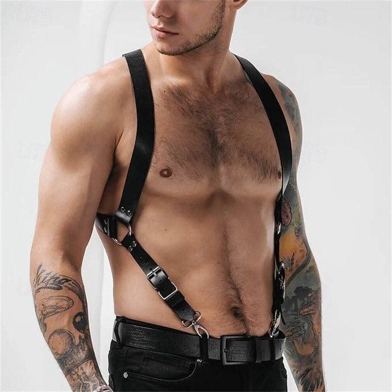 Pu Leather Body Chest Harness Suspenders Adjustable Buckle Shoulder Armors Straps Style Punk Black Belt Club Party Rave Costumes Fashion Shoulder Strap Restraint Belt for Men Women White Shirt Shoulde3