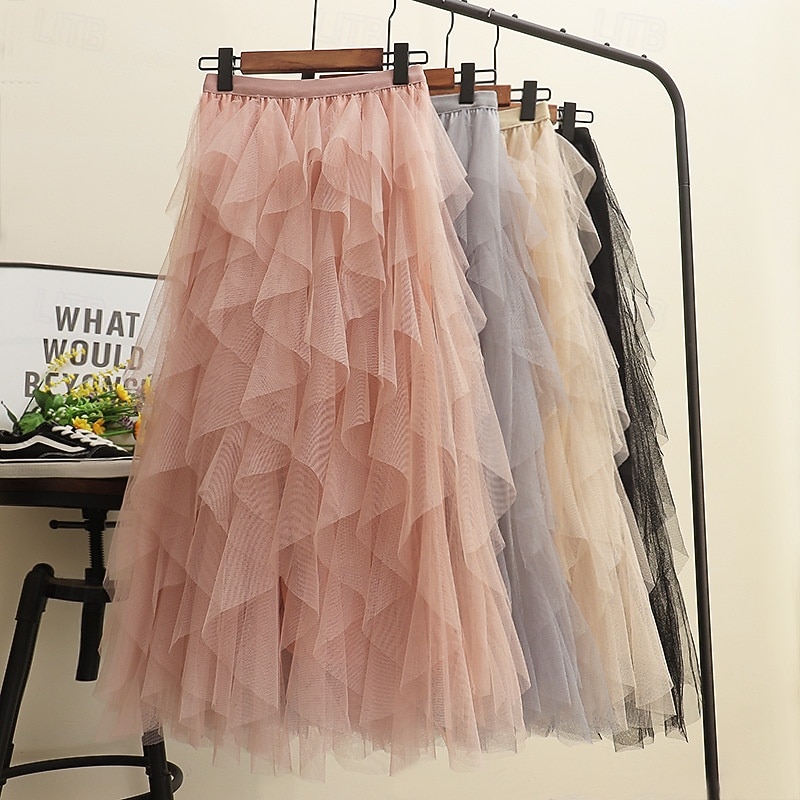 Women's Skirt Swing Gauze Skirts Fashion Casual Maxi Mid Rise Skirts Solid Colored Irregular Hem Micro-elastic Vacation Street Apricot Black White Pink Spring Polyester