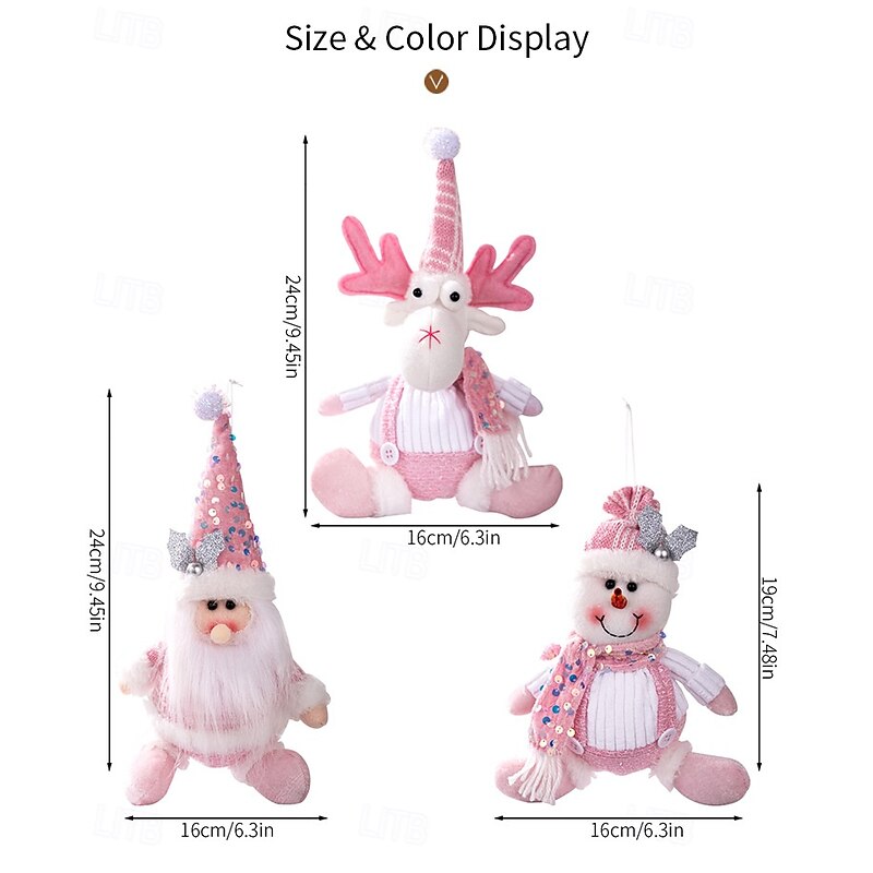 Pink Christmas Plush Hanging Ornaments, Sequin Santa, Snowman, and Reindeer Decorations for Xmas Tree, Wall, and Holiday Party Decor2