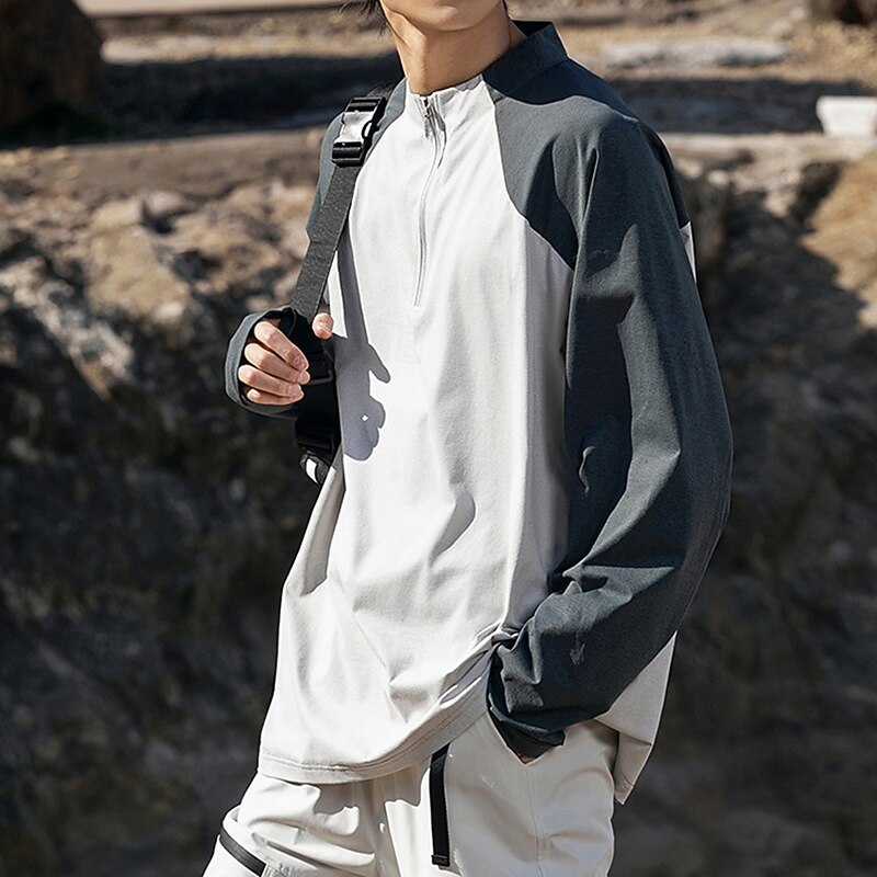 Men's Hiking Shirt Hiking top Long Sleeve Stand Collar Top Outdoor Quick Dry Sweat wicking Polyester Patchwork Dark Grey Light Grey Purple Tennis Golf Running3