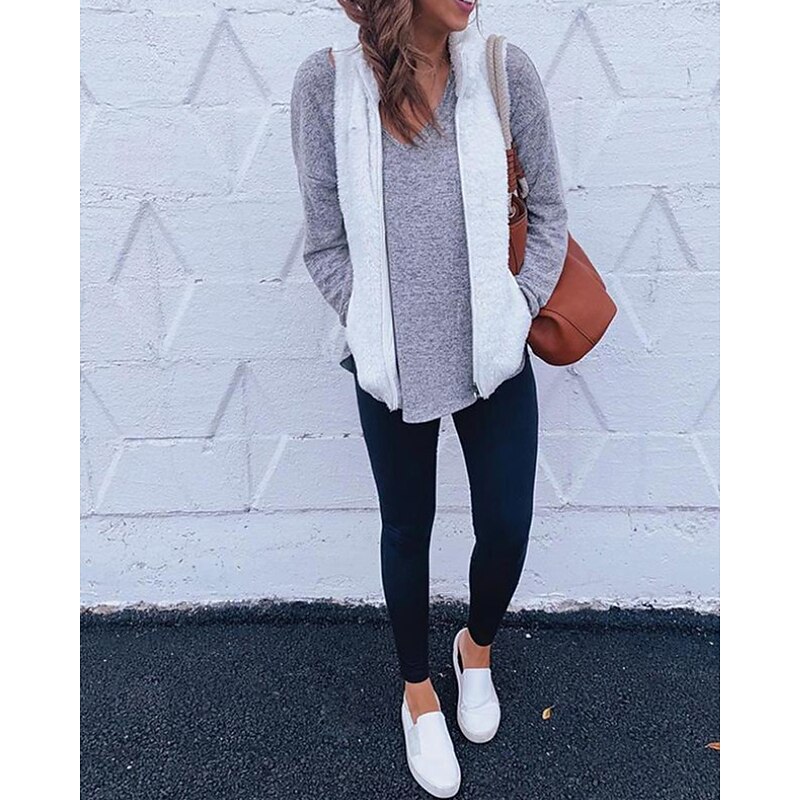 Women's Vest Warm Comfortable Zipper Pocket Casual Plain Going out Weekend Zipper Regular Stand Collar Regular Fit Sleeveless Outerwear White Red Purple Fall Winter2