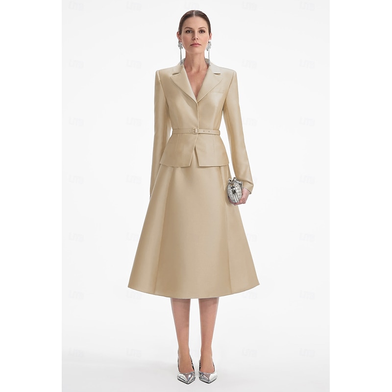 Tuxedo Dress A-Line Formal Wedding Guest Satin Elegant Long Sleeve Tea Length Notched Lapels