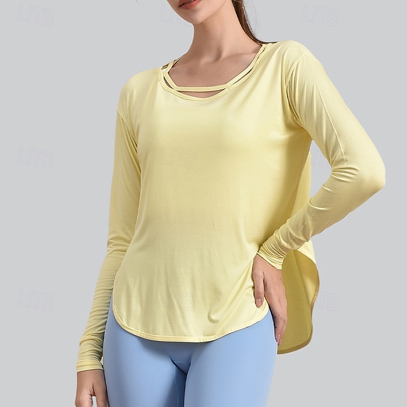 Women's Yoga Shirts Crew Neck Breathable Long Sleeve Sports Solid Color Top For Gym Running Fitness Activewear2