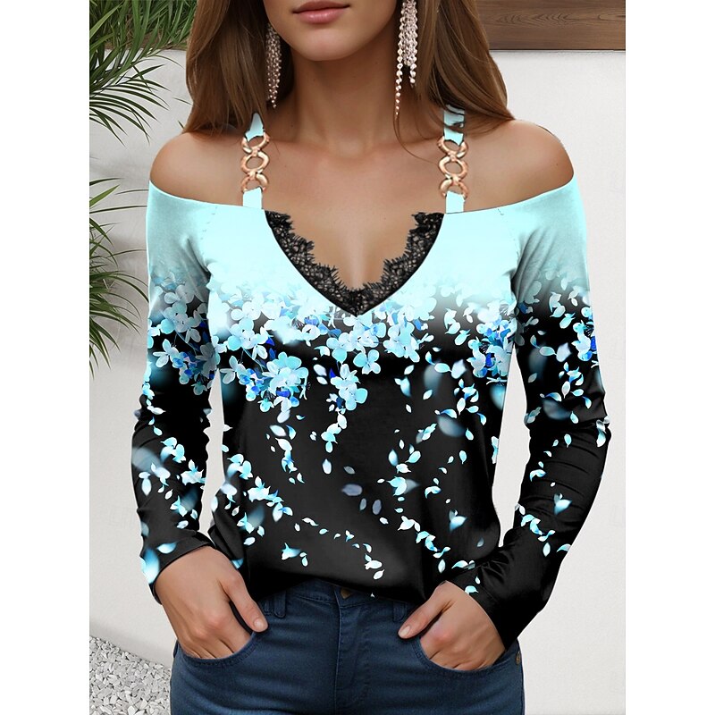 Women's T Shirt Ombre Floral Modern Long Sleeve Off Shoulder Regular Tops Daily Patchwork Print Yellow Pink Blue Purple Green Summer Spring4