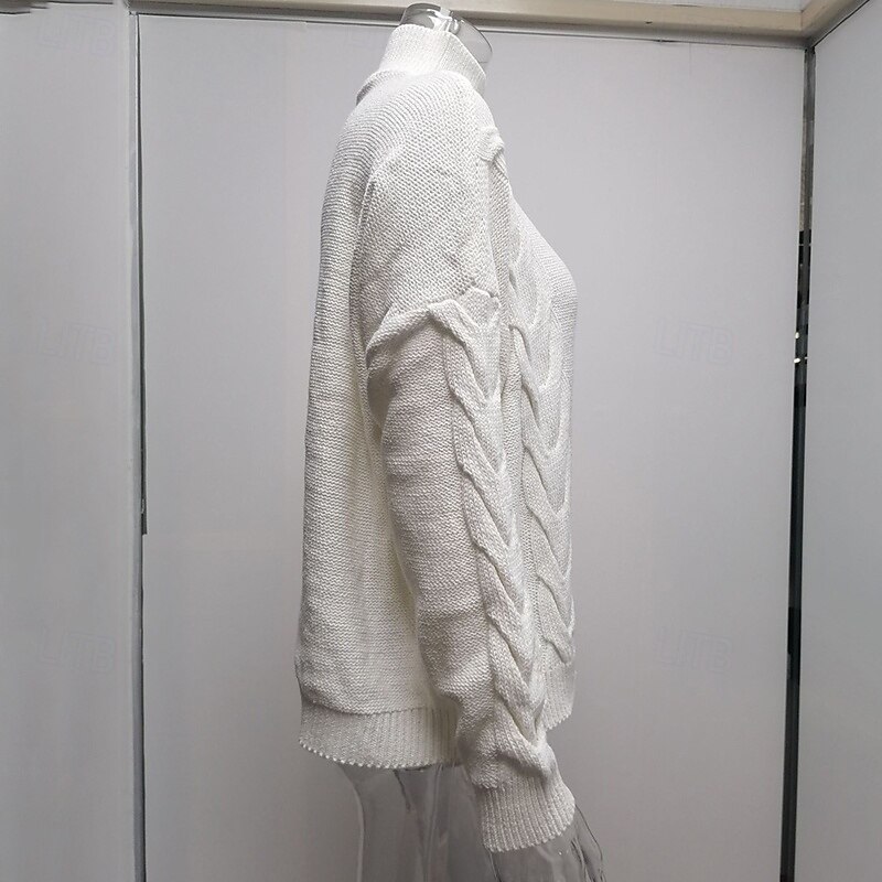 Women's Sweater Fashion Solid Color Ribbed Turtleneck Knitted Long Sleeve Regular Tops Knit Holiday Going out Weekend Black White Fall4