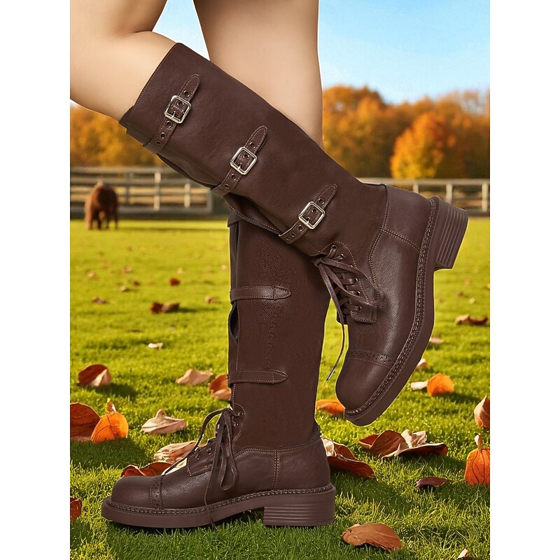Women's Brown Faux Leather Knee - High Riding Boots with Buckles and Laces - Equestrian - Inspired Rustic Stylish Footwear for Horseback Riding, Countryside Walks and Casual Outings2