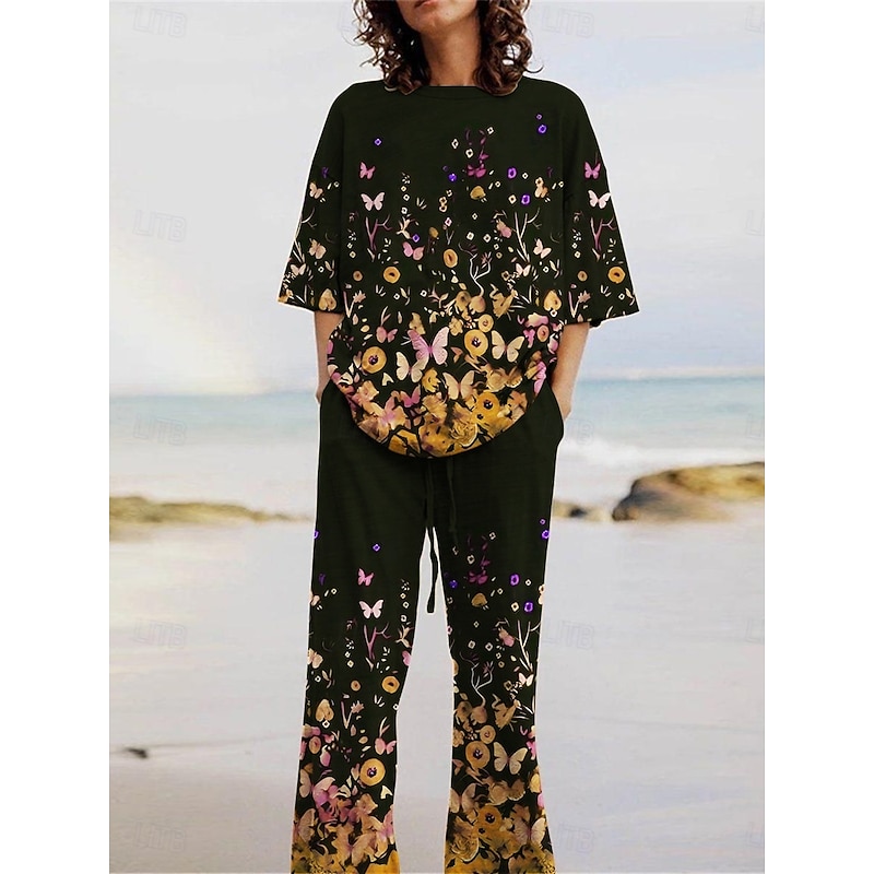 Women's Active Fashion Pants Sets 3/4 Length Sleeve Crew Neck Floral Butterfly Print Vacation Daily Holiday Yellow Red Purple Summer Regular Fit4