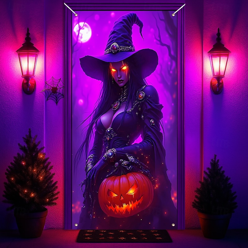 Halloween Door Cover Outdoor Banners Witch 3D Dark Punk Gothic Style Party Outdoor Shooting Backgrounds Front Door Wall Porch Home Decor