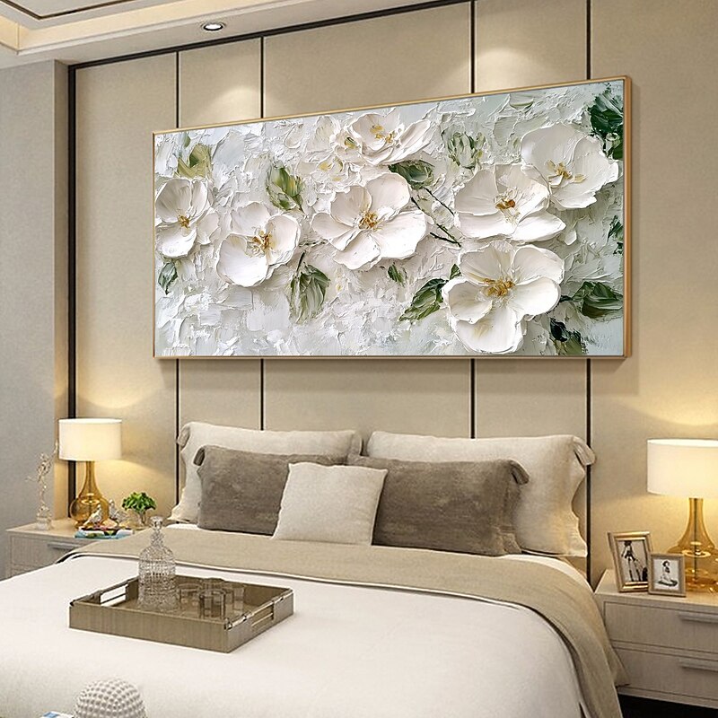 Handmade Original White Flower Oil Painting On Canvas Wall Abstract Floral Painting for Home Decor With Stretched Frame/Without Inner Frame Painting3