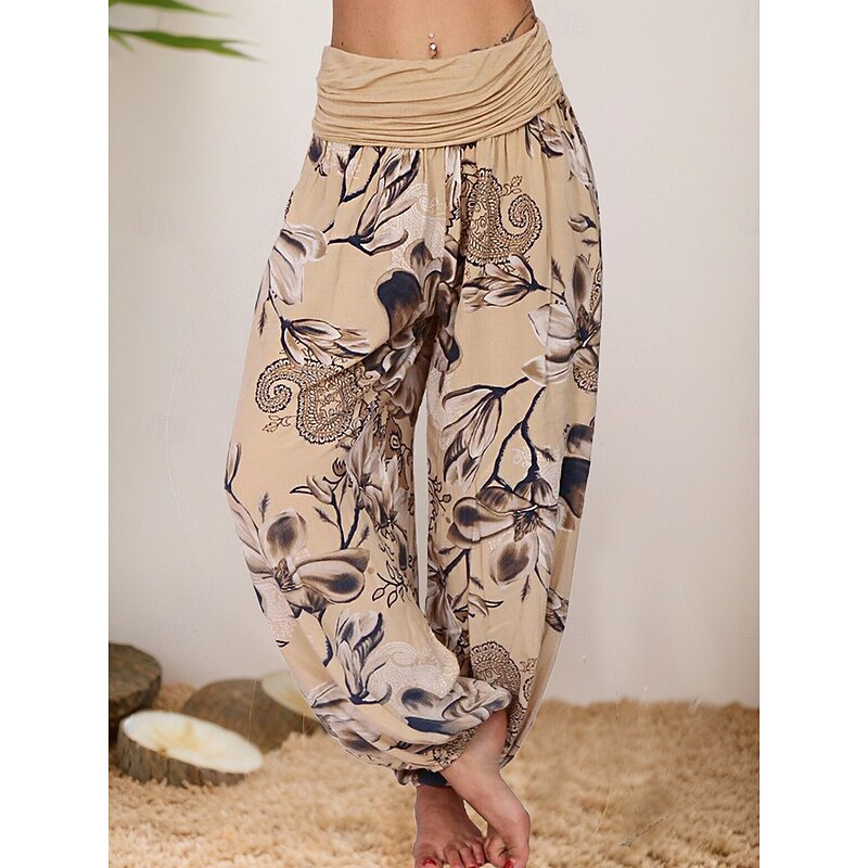 Women's Harem Pants Vintage Ethnic Style Casual Full Length High Waist Floral Graphic Inelastic Outdoor Vacation Violet Yellow Orange Khaki Summer Spring