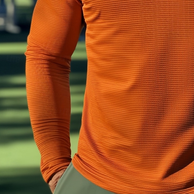Men's Waffle Polo Shirts Quarter Zip Polo Outdoor Causal Quarter Zip Long Sleeve Fashion Modern Solid Color Textured Knitted Spring &  Fall All Seasons Regular Fit Orange Waffle Polo Shirts2