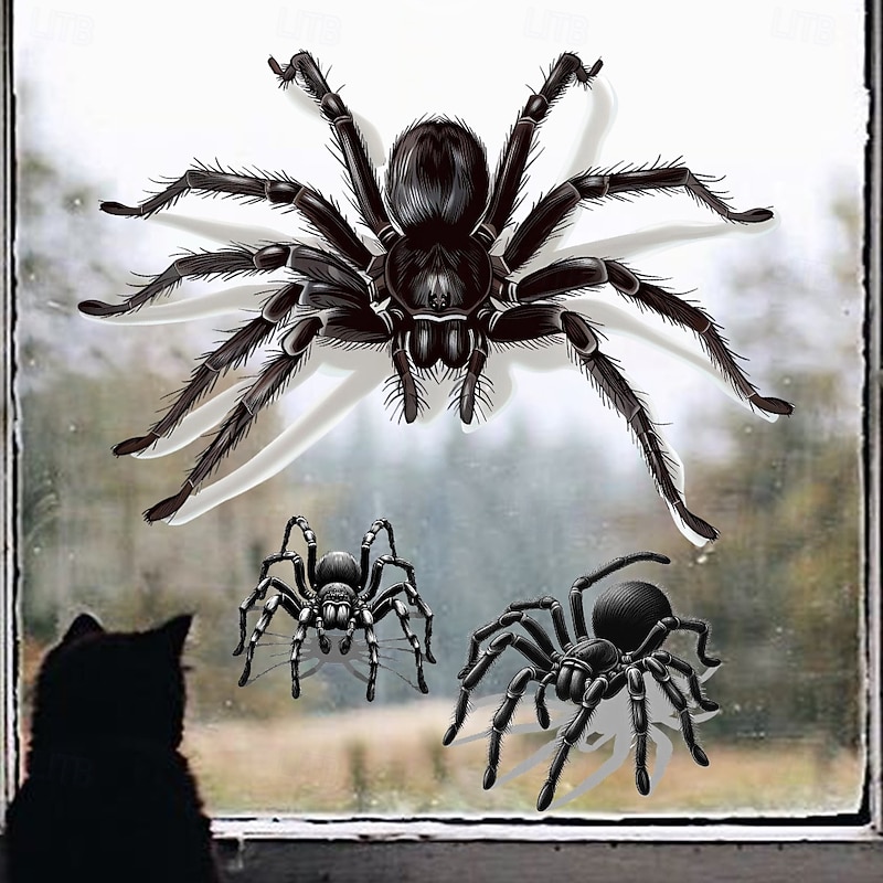 Halloween Window Cling Wall Sticker, Black Spider Glass Stickers, Removable Static Clings for Living Room Window Decoration Halloween Party Home Decor