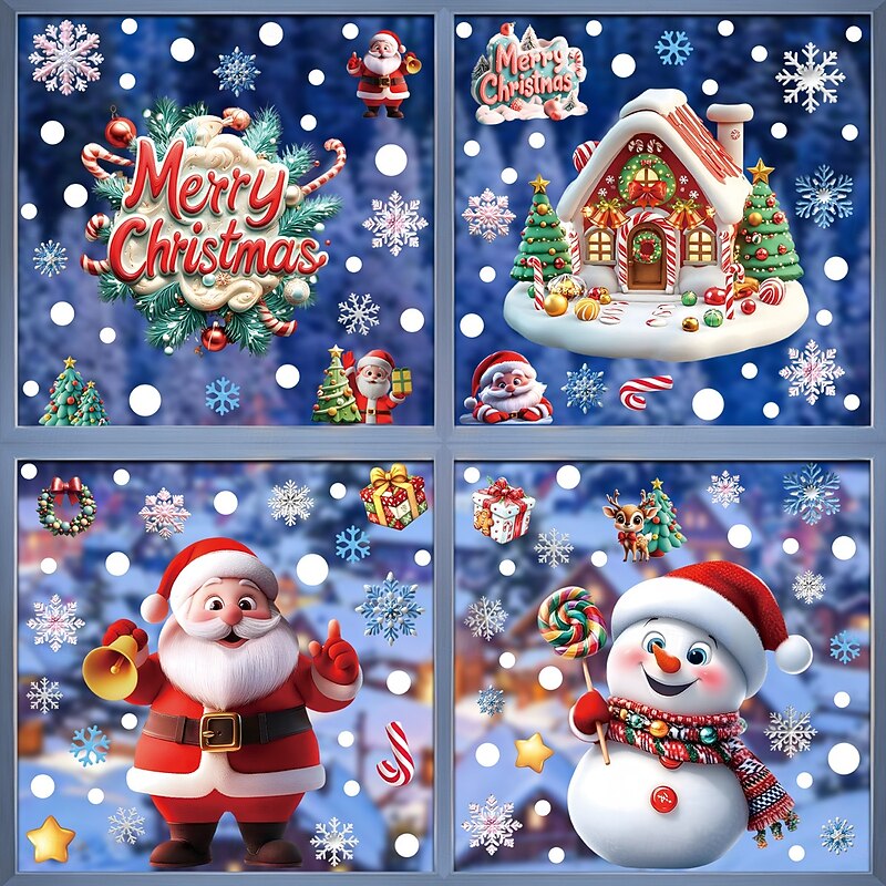 9 Sheets Christmas Window Cling Wall Sticker Decals Decorations, Snow Houses, Snowmen & Santa Claus, Static Cling, Storefront & Home Glass Decor2
