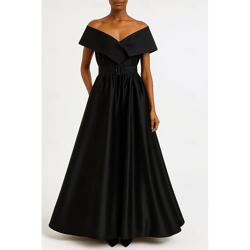 Red Black A-Line Evening Gown Elegant Dress Formal Wedding Floor Length Short Sleeve Lapel Satin with Pleats 20253