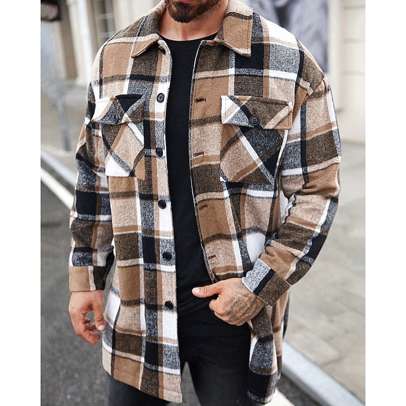 Men's Shacket Shirt Jacket Winter Jacket Plaid Vacation Daily Wear Black Wine Orange Khaki Long Sleeve Lapel Fall Winter Clothing Apparel Pocket3