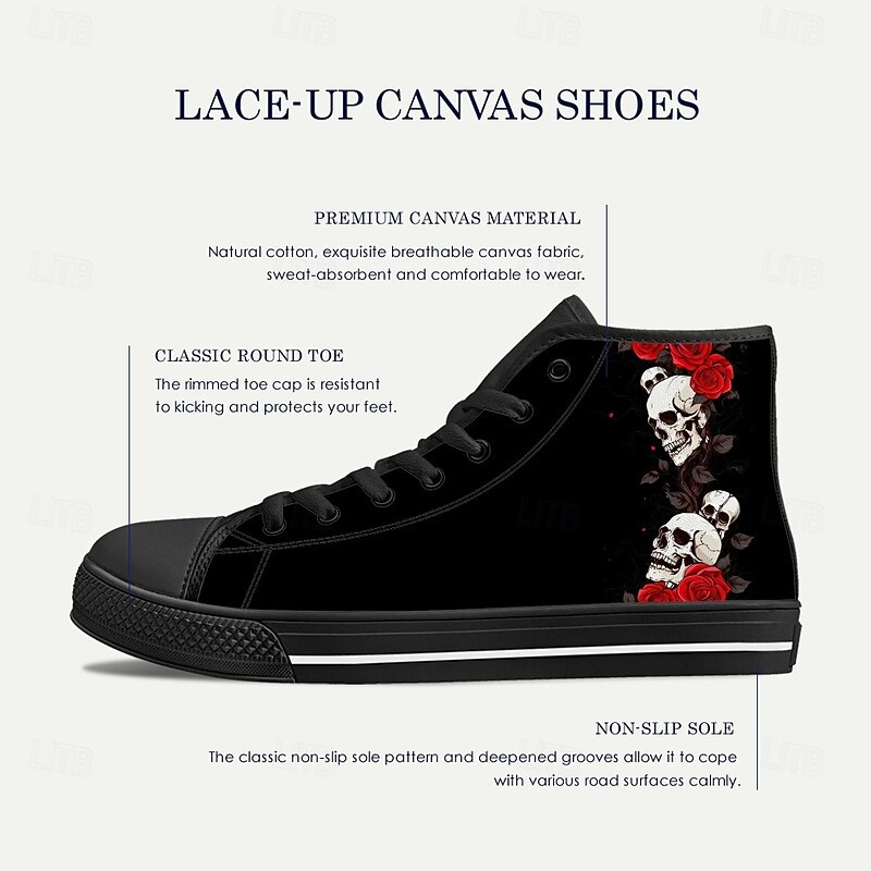 Men's Skull and Rose High-Top Canvas Sneakers – Gothic Punk Lace-Up Casual Shoes for Halloween, Parties and Everyday Fashion4