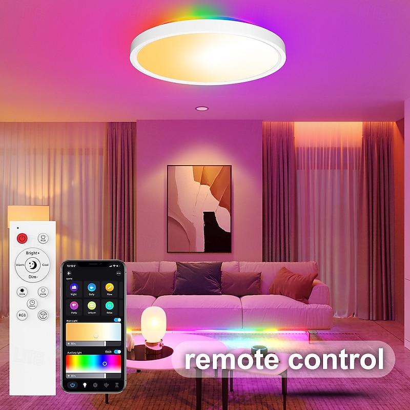 Smart RGB Ceiling Light LED 2700LM Works with Alexa 2700K-6500K Flush Mount Light Fixture DIY Colors WiFi Dimmable Low Profile Ambient Light Fixture for Bedroom Living Room Party4