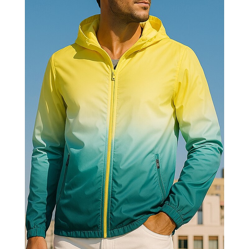 Men's Hooded Jacket Sport Jacket Zip Up Pocket Long Sleeve Top Athleisure Fall Color Gradient Sun Protection Lightweight Outdoor Travel Sports Sportswear Activewear Yellow Pink Blue3