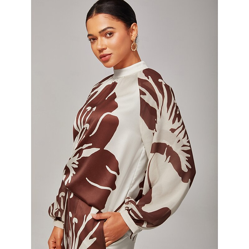 Women's Satin Shirt  Abstract Floral Print  Stand Collar Raglan Puff Sleeves Regular Fit All - Season Wear3