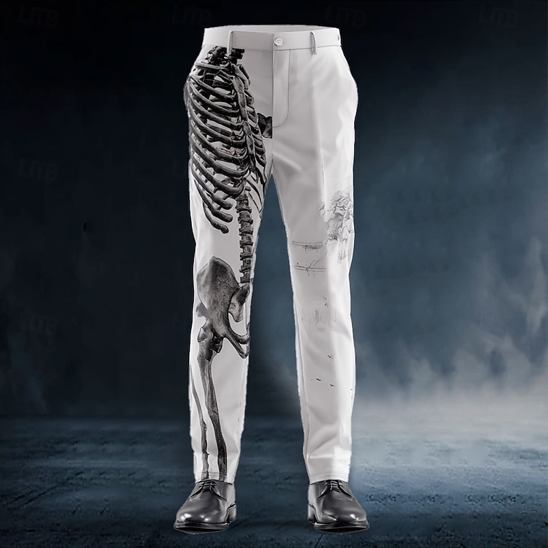 Halloween Men's Skull Skeleton Halloween Costumes Dress Pants Trousers Suit Pants Mid Waist Dark Punk Gothic Style Outdoor Holiday Slim Fit Pants with Pockets Spring Fall 3D Print White Blue Orange