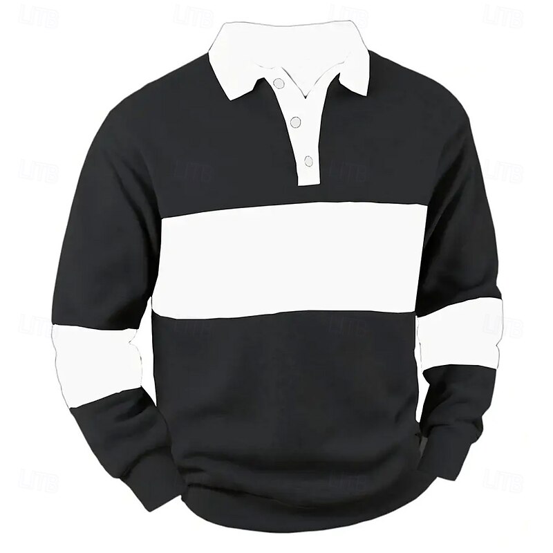 Men's Horizontal Stripes Rugby Polo Cable Knit Polo Long Sleeve Polo Shirts Collared Shirts Casual Outdoor Athleisure Daily Wear 3D Print Buttons Spring Fall Black White Gray3