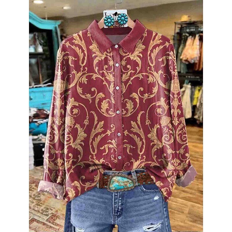 Women's Shirt Floral Graphic Elegant Bohemia Daily Long Sleeve Shirt Collar Regular Tops Work Daily Buttons Print Red Blue Brown Green Spring Fall Winter