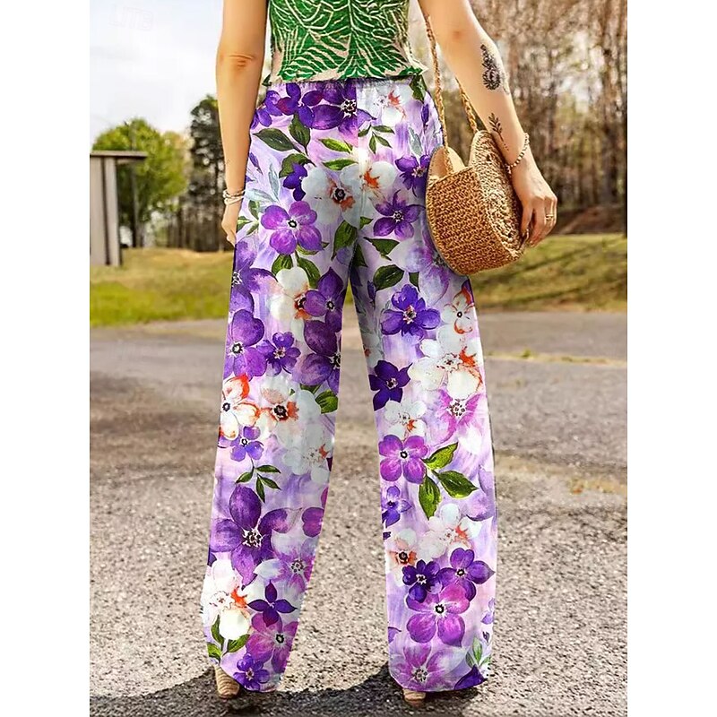 Women's Wide Leg Chinos Baggy Pants Vacation Vintage Fashion Full Length High Waist Floral Graphic Printing Soft Breathable Inelastic Formal Vacation Street Black Red Purple Green Summer Spring Loose2