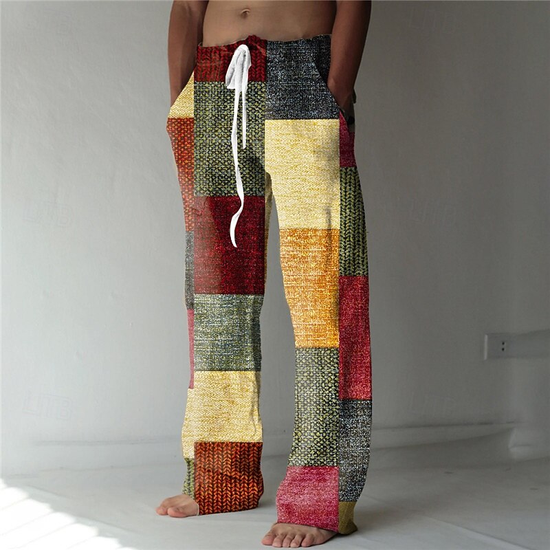 Men's Trousers Summer Pants Beach Pants Drawstring Elastic Waist 3D Print Color Block Geometric Pattern Graphic Prints Comfort Casual Daily Holiday Streetwear Hawaiian Blue Brown