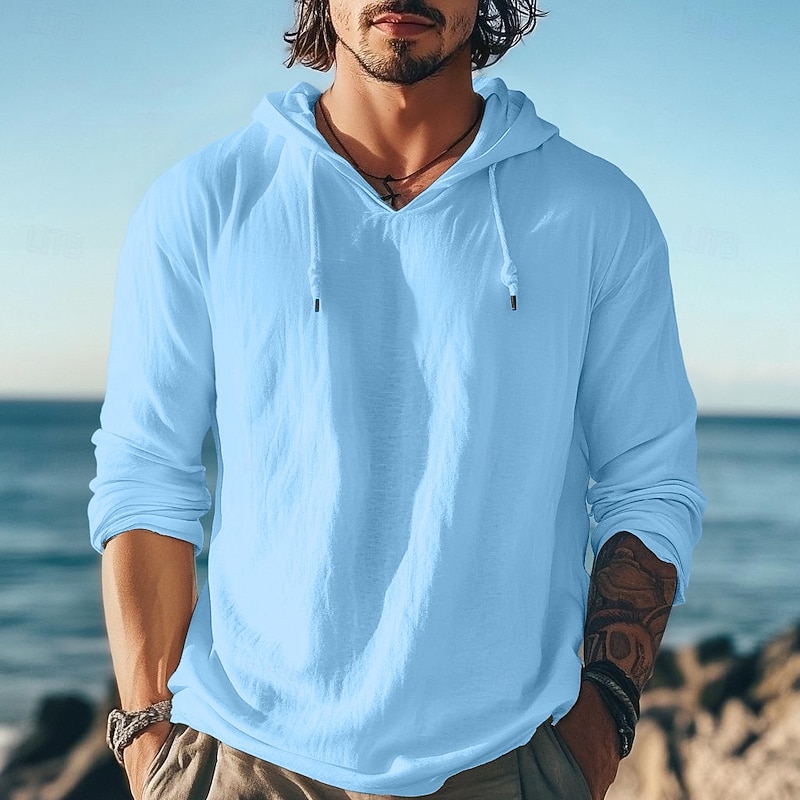 Men's Cotton Linen T Shirt Long Sleeve Hooded Summer Spring Fall Plain Basic Modern Casual Drawstring Basic Hooded Home Street Casual Pink White Blue Top Tee for Men
