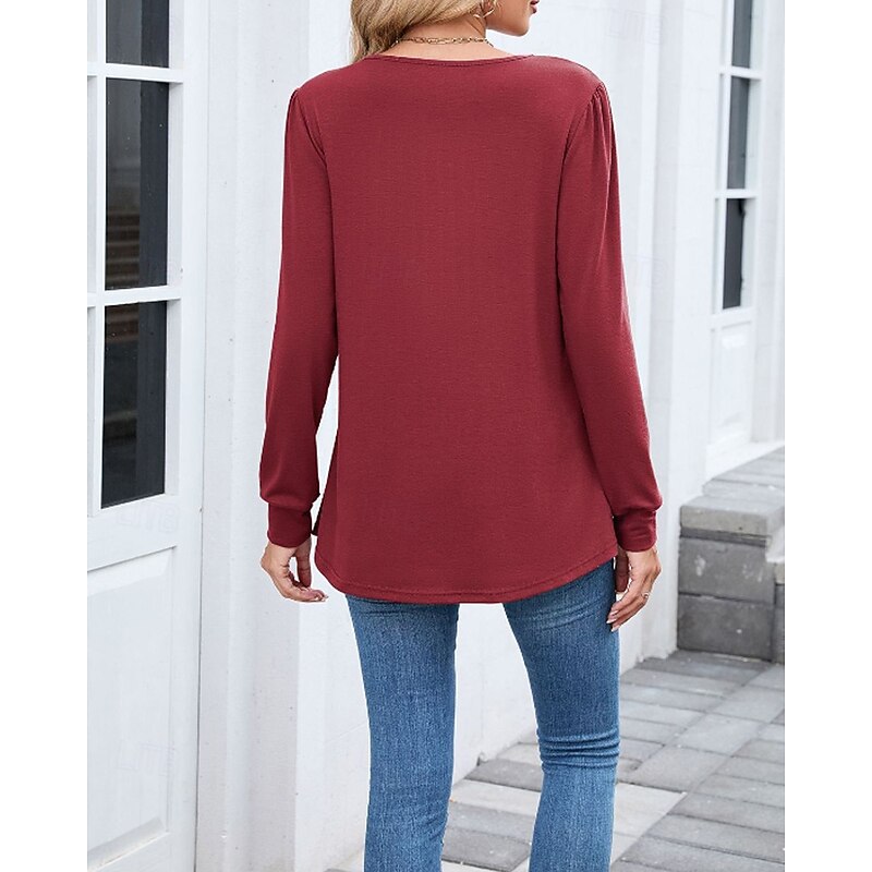 Women's Texture Blouse T Shirt Plain Casual Long Sleeve Crew Neck Regular Tops Going out Weekend Black White Pink Wine Fall3