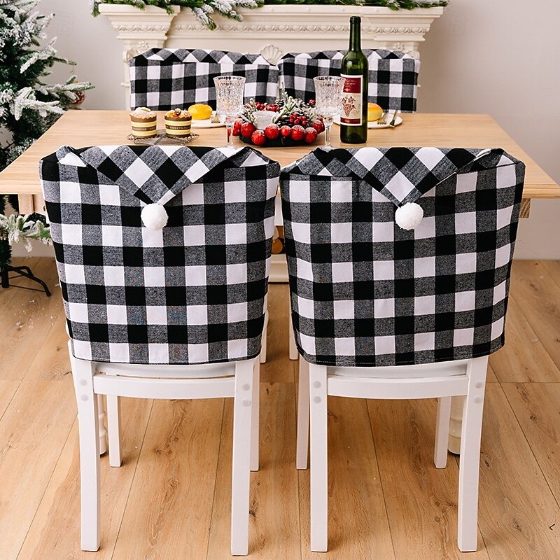 2Pcs Christmas Chair Covers Black and White Plaid , Holiday Home Decor Chair Slipcovers, Festive Checkered Chair Covers