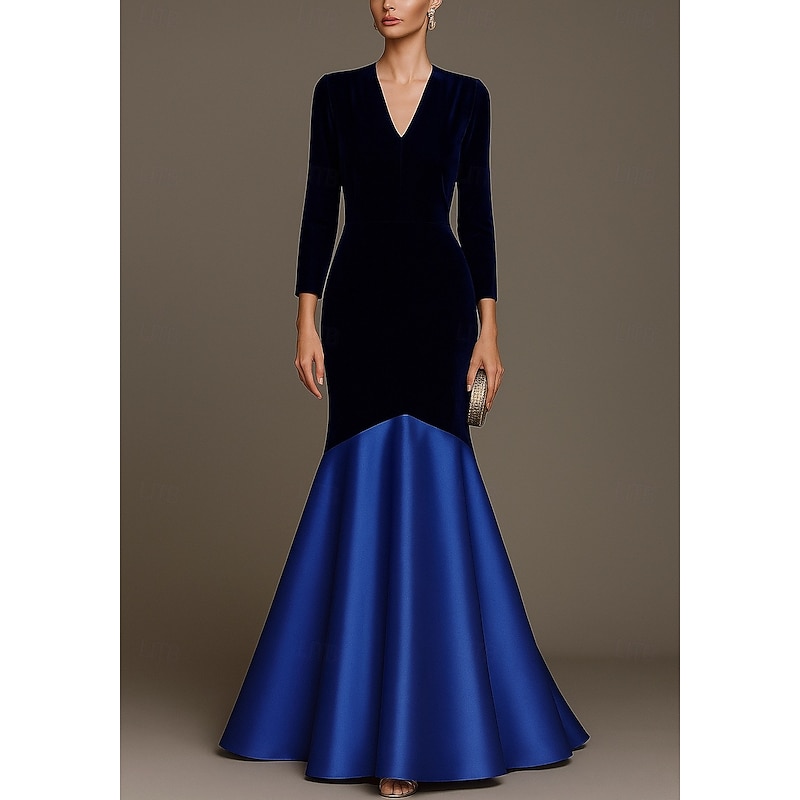 Blue Velvet A-Line Mermaid / Trumpet Evening Gown Elegant Dress Formal Wedding Floor Length Long Sleeve V Neck with Pleats 20254