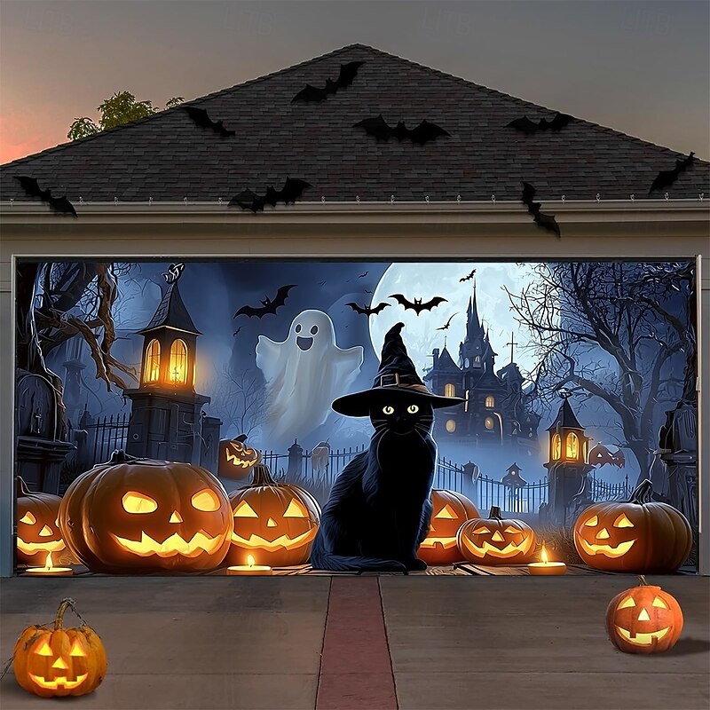 Halloween Garage Door Cover Witch Cat Ghost Pumpkin Lantern Banner Haunted House Backdrop Tapestry for Outdoor Decoration
