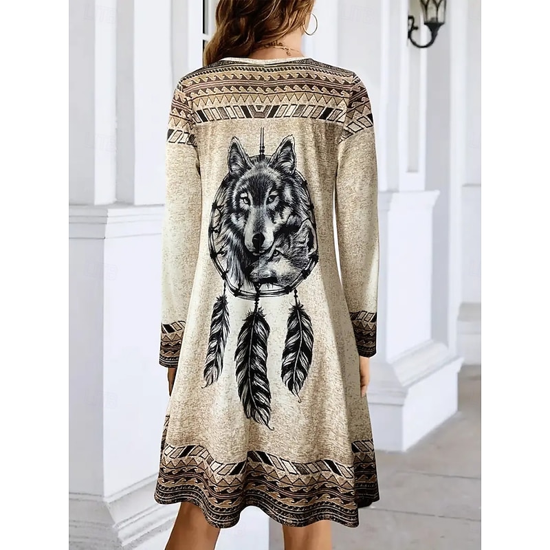 Women's Mini Dress T Shirt Dress Tee Dress Sundress A Line Dress Casual Daily Going out Regular Fit Graphic Tribal Long Sleeve Crew Neck Camel Fall Winter2