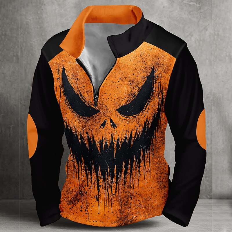 Halloween Men's Pumpkin Sweatshirt Punk Exaggerated Long Sleeve Stand Collar Party Club Orange Zipper Quarter Zip Fall Winter Designer
