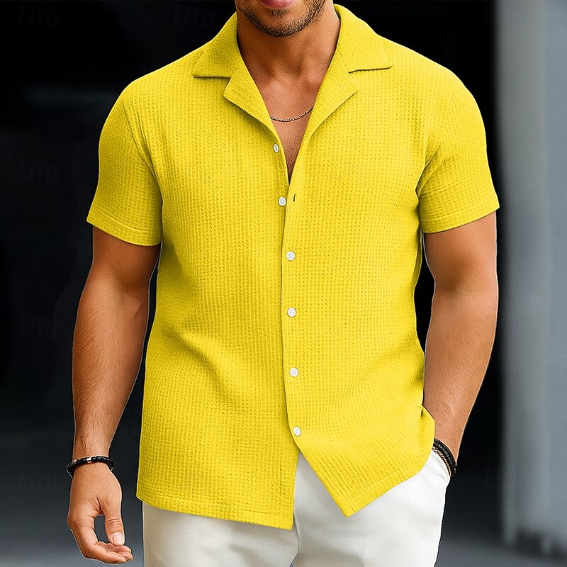 Men's Summer Shirt Button Down Shirt Casual Shirt Collared Shirt Waffle Knit Shirt White Yellow Red Blue Short Sleeve Plain Textured Notch Turndown Vacation Home Clothing Apparel Fashion Casual