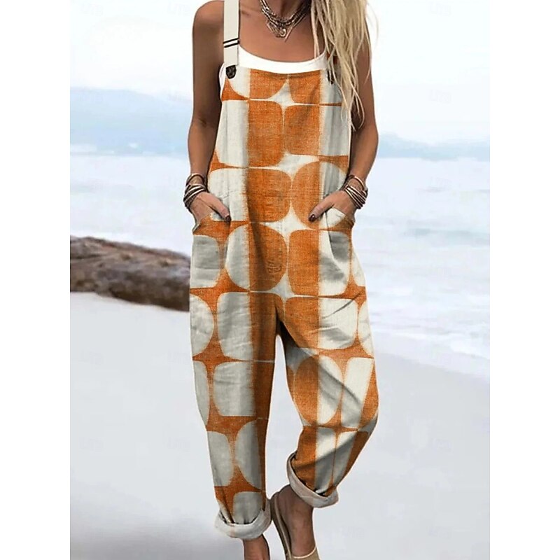 Women's Dungarees Active Floral Sleeveless Sleeveless Straight Square Neck Pocket with Pocket Vacation Daily Loose Fit Orange Green Beige Summer3