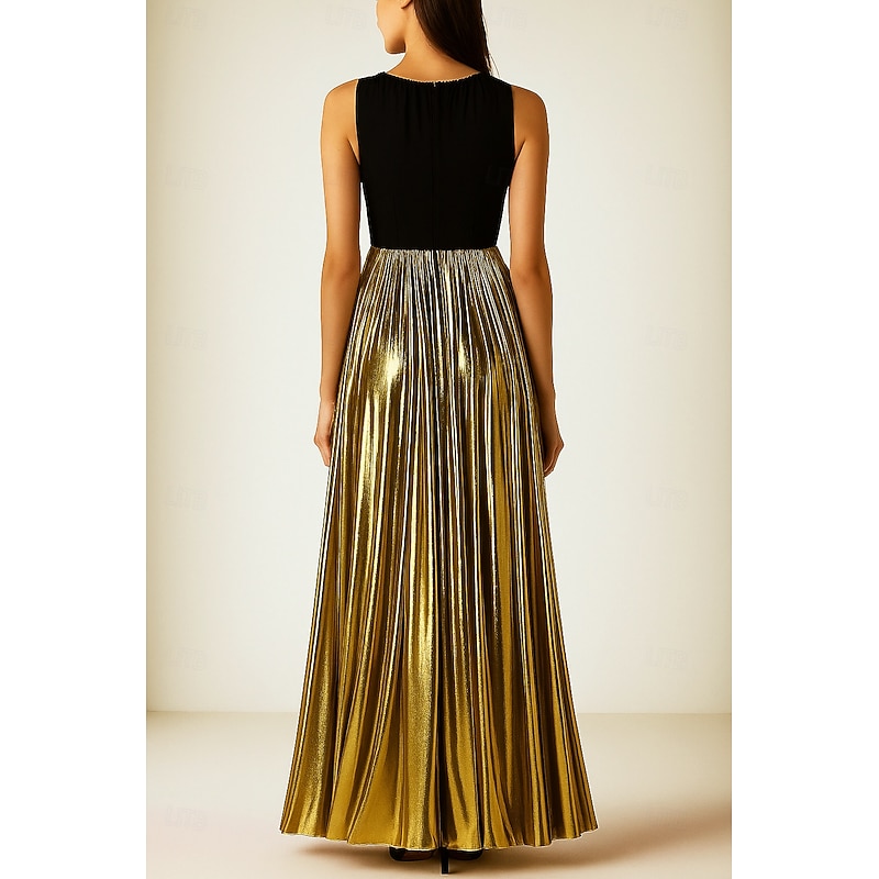 Black Gold A-Line Evening Gown Elegant Dress Formal Wedding Floor Length Sleeveless Crew Neck Satin with Rhinestone Pleats 20252