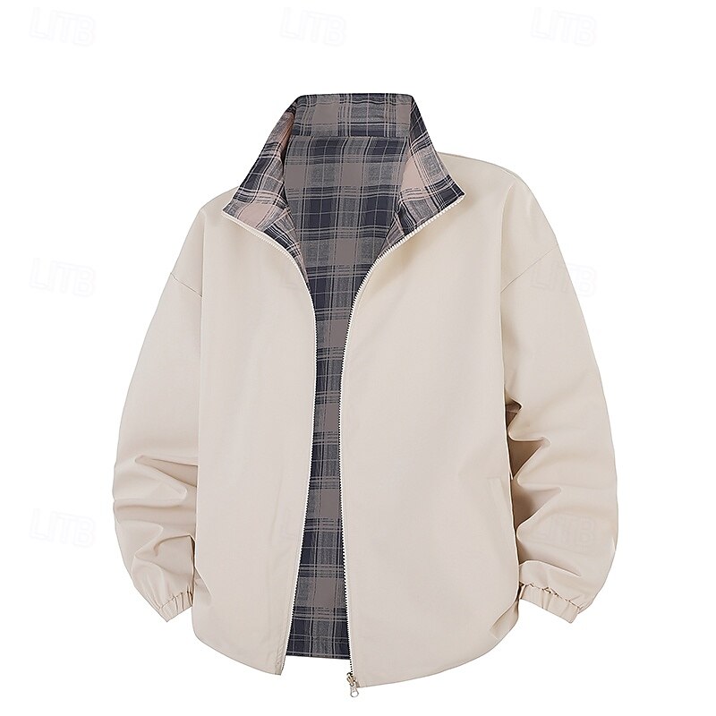 Men's Reversible Jacket Outdoor Vacation Warm Zipper Pocket Fall Winter Plain Fashion Streetwear Standing Collar Regular Apricot Black Red Light Blue Jacket