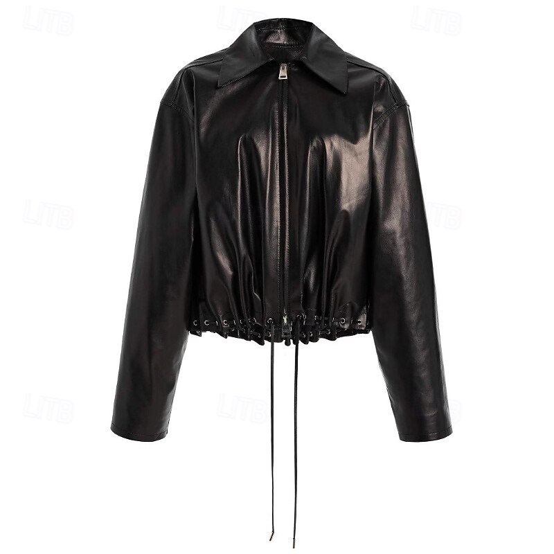 Women's Faux Leather Jacket Comfortable Zipper Pocket Fashion Outdoor Plain Street Holiday Zipper Regular Turndown Regular Fit Long Sleeve Outerwear Black Fall4