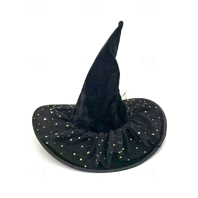 Women's Halloween Witch Hat – Black Velvet Pointed Hat with Spider and Star Mesh Trim for Costume Party, Cosplay and Dress Up Accessories3