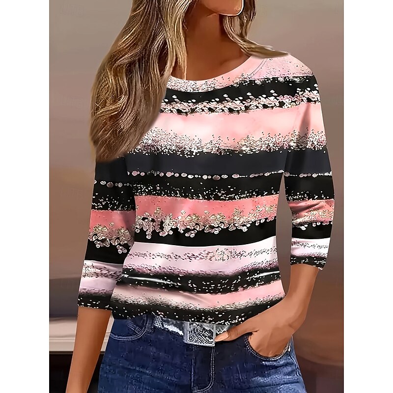 Women's T Shirt Graphic Geometric Striped Vintage Stylish Classic Long Sleeve Crew Neck Round Neck Regular Tops Daily Print Pink Summer Spring Fall - Main Image