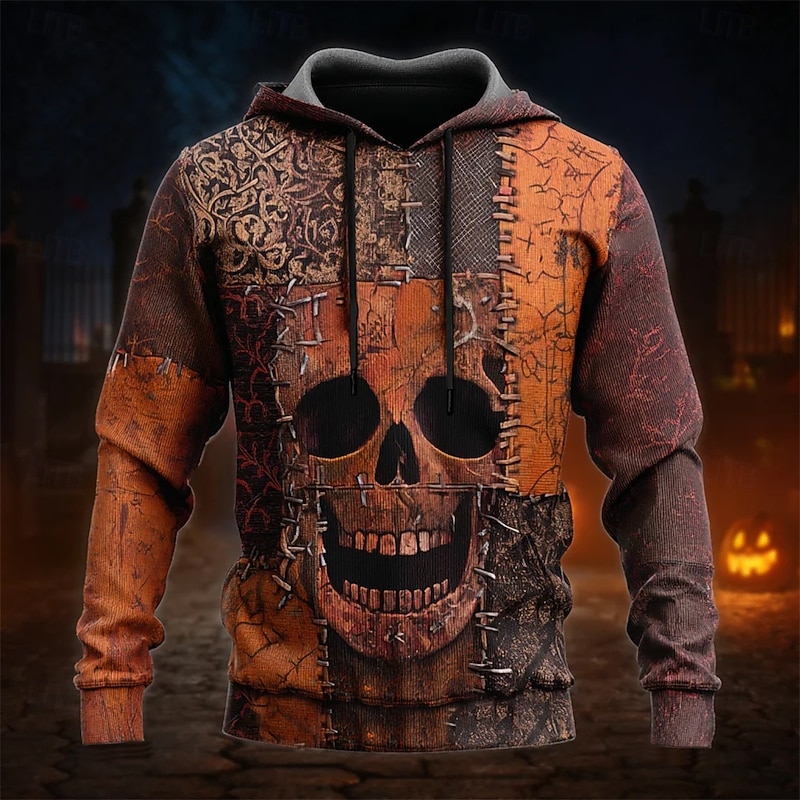 Halloween Men's Skull Patchwork Hoodie Sweatshirt Punk Exaggerated Crew Neck Club Streetwear Brown Drawstring Fall Winter Designer